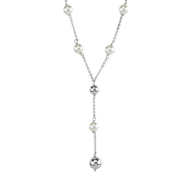 Collana in argento rodiato con perle medie e pendente di perla e boules BGR142