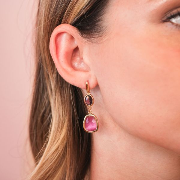 Orecchini pendenti placcati oro giallo con cristalli ametista e rosa shocking XOR761DR