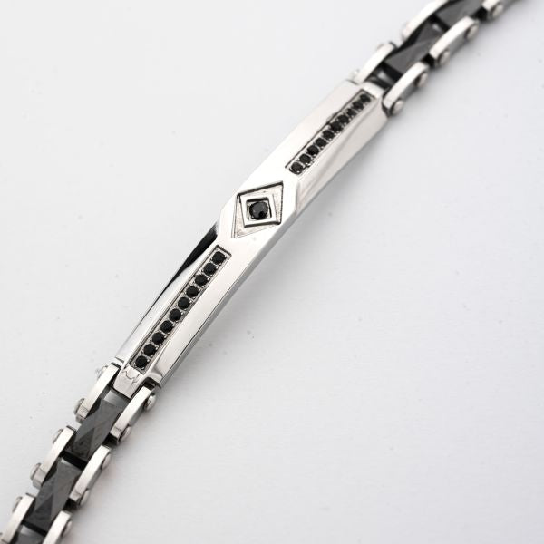 Bracciale Boccadamo uomo ABR780 a maglia alternata, piastra centrale con fila di zirconi neri e dettaglio a rombo con zircone nero incastonato