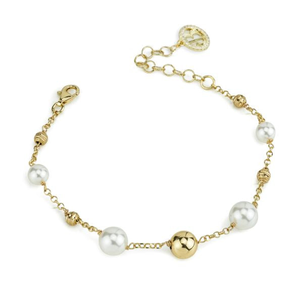 Bracciale in argento placcato oro giallo con intercalari di perle medie e grandi, boule centrale ed inserti in argento BBR135D