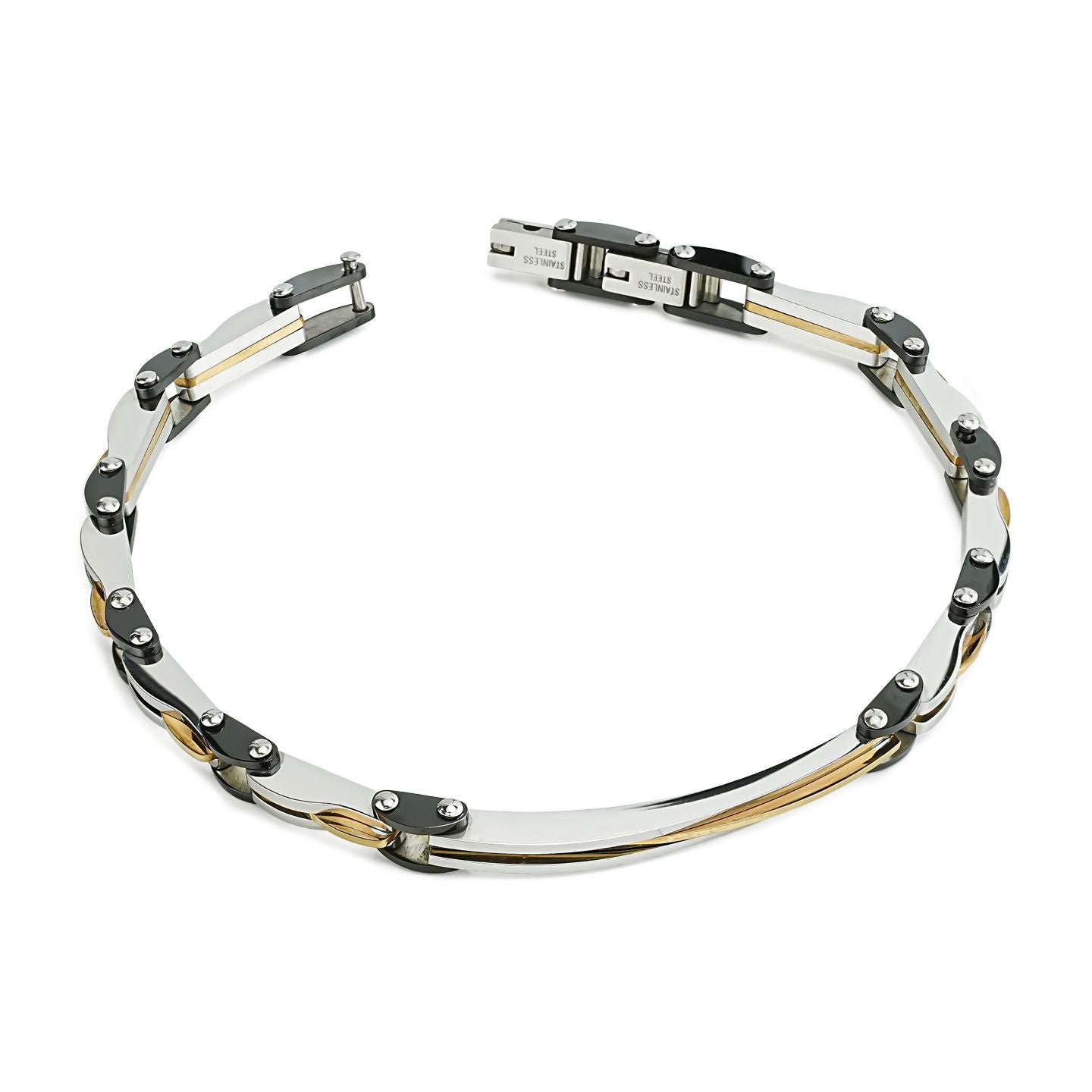 Bracciale uomo modulare con maglie piccole nere e fasce interne placcate oro giallo ABR735A