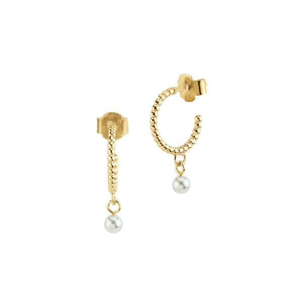 Orecchini placcati oro giallo a semicerchio pallinato con perla piccola bianca BOR165D