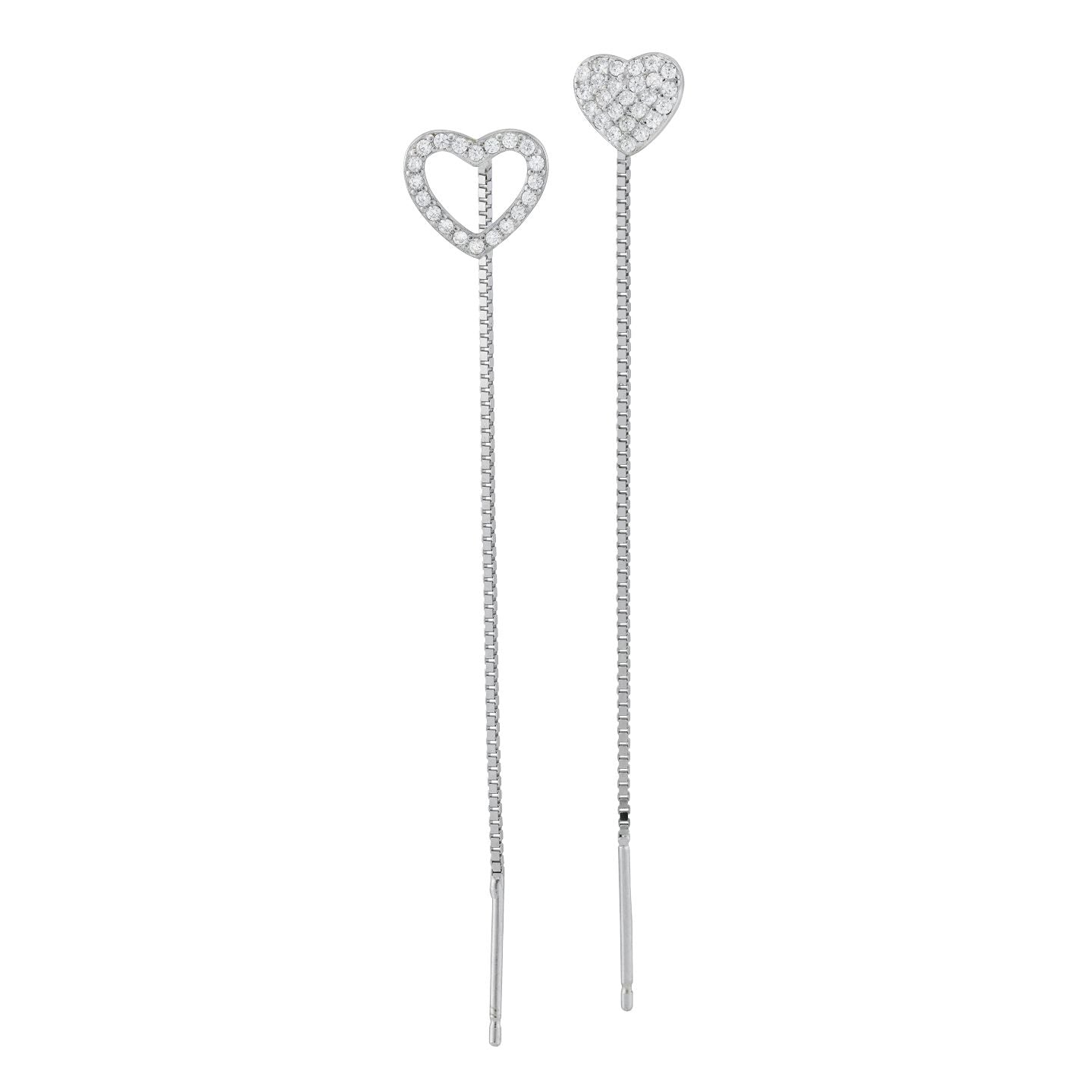Orecchini con cuore pavettato e cuore di zirconi vuoto e filo a cascata