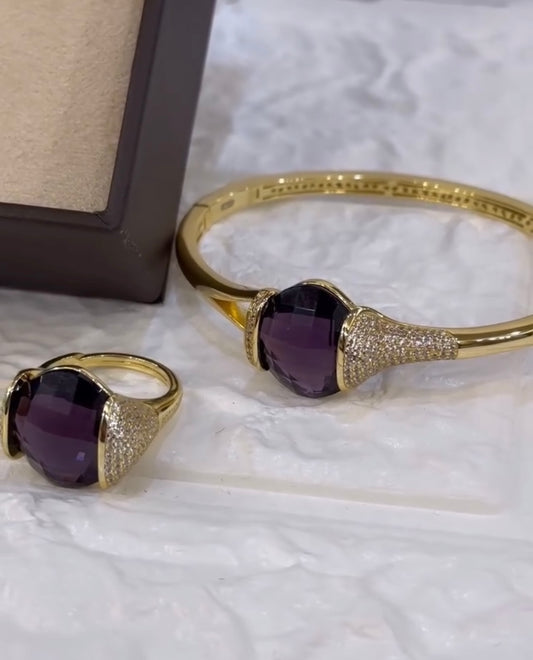 Bracciale in argento rigido placcato oro giallo con cristallo ametista BBR108DV