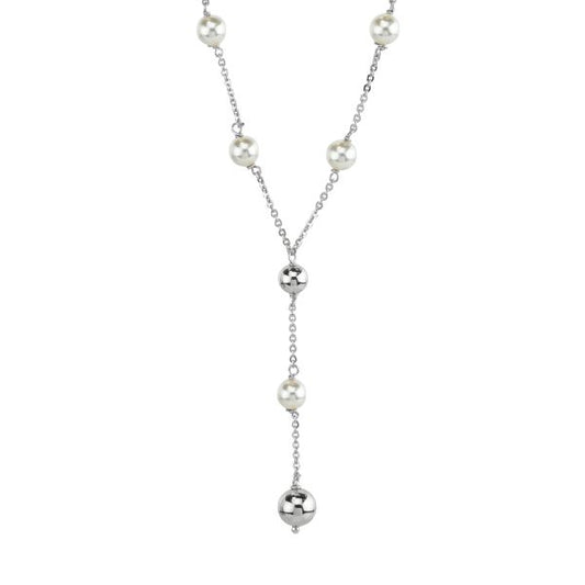 Collana in argento rodiato con perle medie e pendente di perla e boules BGR142