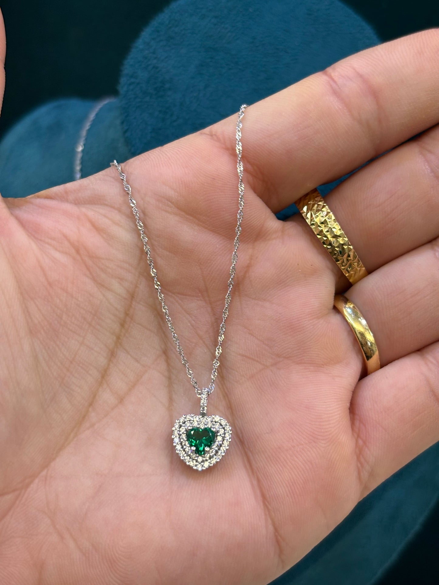 Collana Oro Bianco 18 Carati Cuore Verde