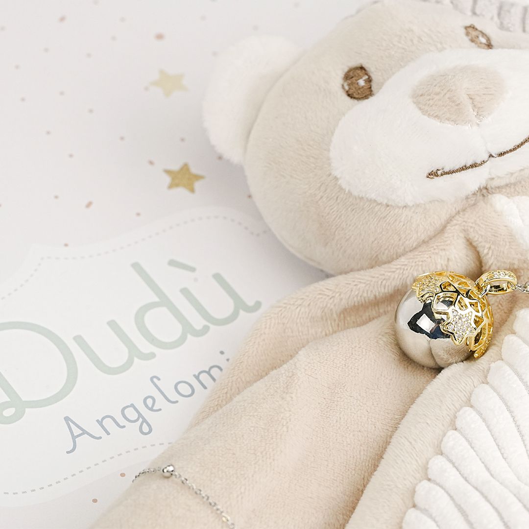 TR_GR39K Cofanetto Angelomio Dudù composto da collana con ciondolo sonoro, coppetta rodiata di orsetti e peluche