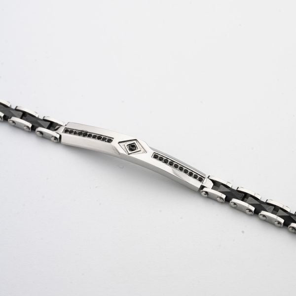 Bracciale Boccadamo uomo ABR780 a maglia alternata, piastra centrale con fila di zirconi neri e dettaglio a rombo con zircone nero incastonato