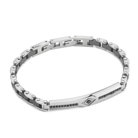 Bracciale Boccadamo uomo ABR780 a maglia alternata, piastra centrale con fila di zirconi neri e dettaglio a rombo con zircone nero incastonato