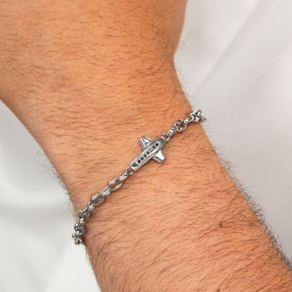 Bracciale Boccadamo uomo ABR767  con maglia grumetta e croce con zirconi neri incastonati