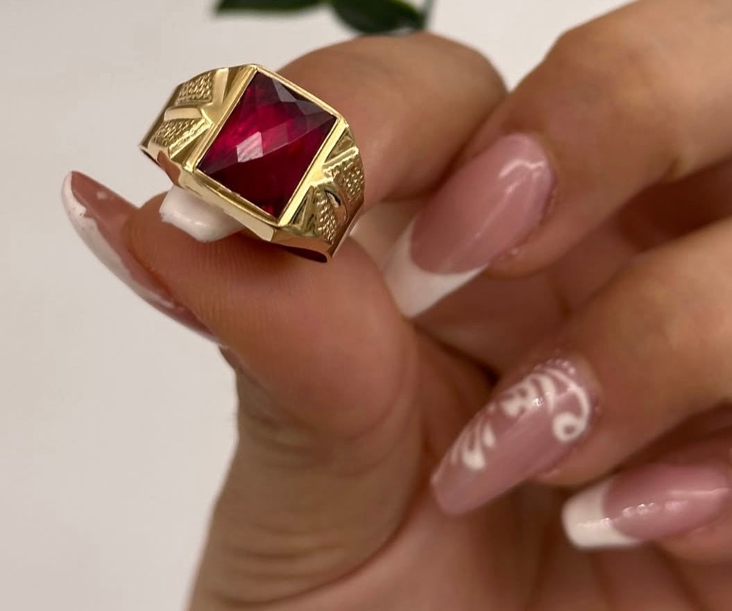 Anello Uomo Con Pietra Rossa Oro Giallo 18 Carati