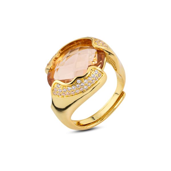 Anello placcato oro giallo a fascia aperta con cristallo centrale sfaccettato peach circondato da zirconi incastonati XAN233DO