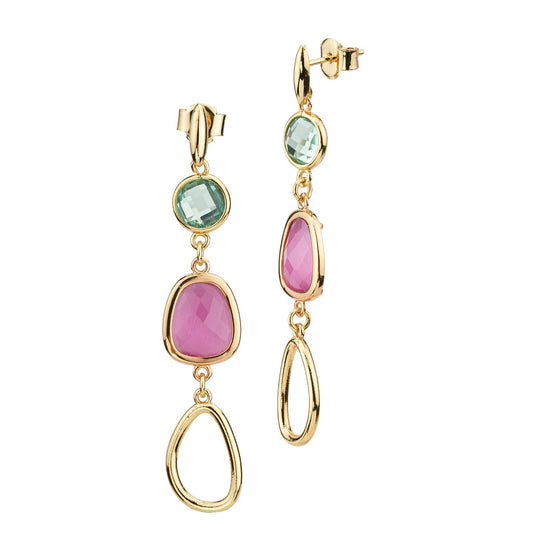Orecchini pendenti placcati oro giallo con cristalli verde acqua e rosa shocking e modulo a goccia XOR765D