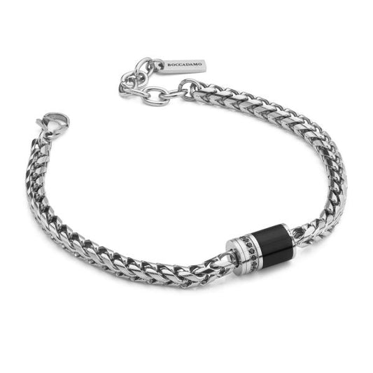 Bracciale Boccadamo uomo ABR800  a maglia a spiga con cilindro centrale in Pvd nero e zirconi incastonati