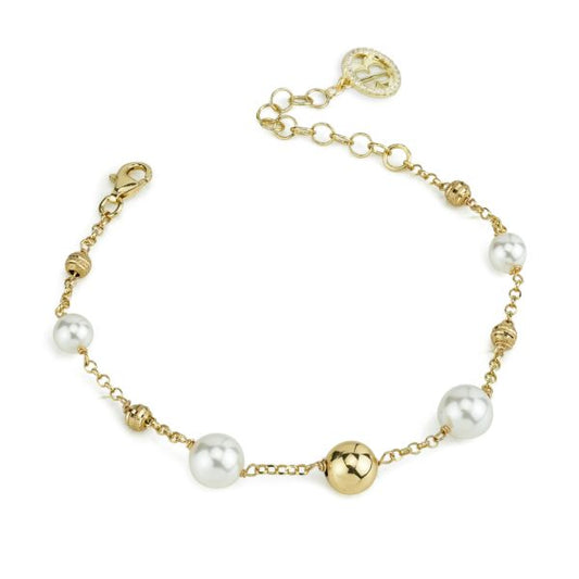 Bracciale in argento placcato oro giallo con intercalari di perle medie e grandi, boule centrale ed inserti in argento BBR135D