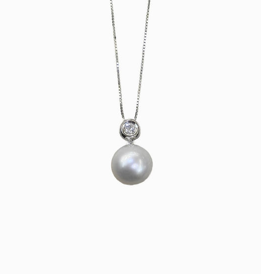 Collana in Oro Bianco con Diamante e Perla FreshWater