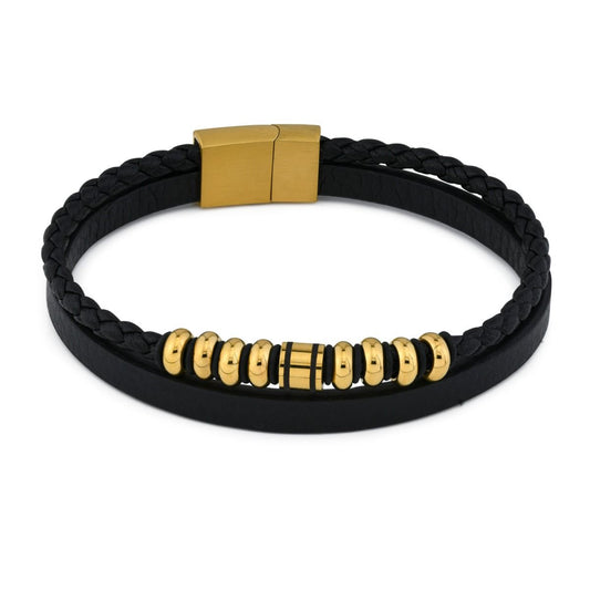 Bracciale uomo di pelle con doppio cinturino e centrale con moduli placcati oro giallo ABR712G