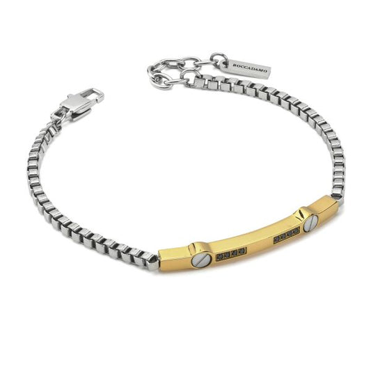 Bracciale boccadamo uomo ABR807D a maglia veneziana con piastra centrale placcata oro giallo con zirconi neri e dettagli di viti a testa piatta incastonati
