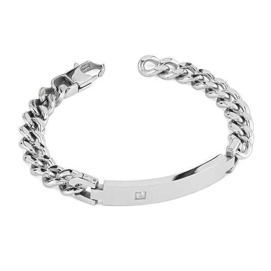 Bracciale uomo con maglia grumetta e placca centrale liscia con cristallo ABR743