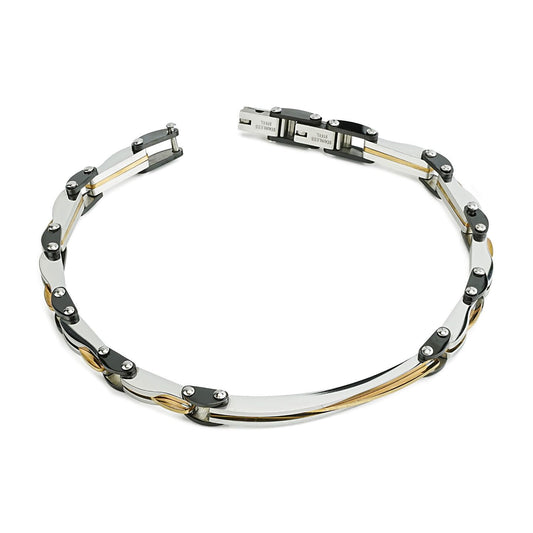 Bracciale uomo modulare con maglie piccole nere e fasce interne placcate oro giallo ABR735A