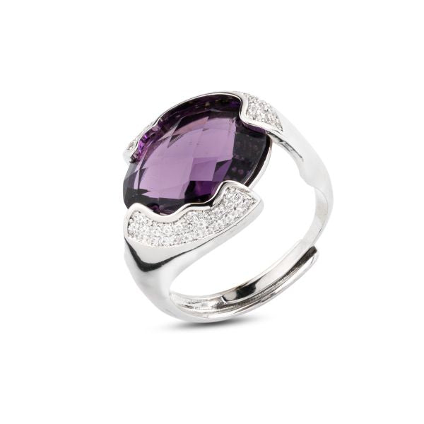 Anello placcato oro giallo a fascia aperta con cristallo sfaccettato centrale peach circondato da zirconi incastonati XAN233V