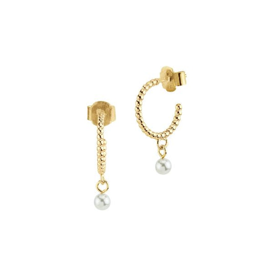 Orecchini placcati oro giallo a semicerchio pallinato con perla piccola bianca BOR165D