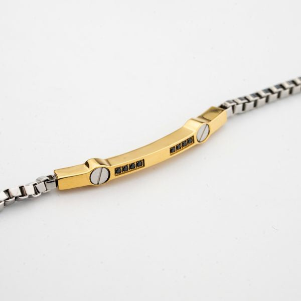 Bracciale boccadamo uomo ABR807D a maglia veneziana con piastra centrale placcata oro giallo con zirconi neri e dettagli di viti a testa piatta incastonati