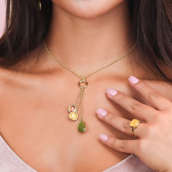 Collana placcata oro giallo con pendente di cristalli rosa baby, giallo e verde XGR728D