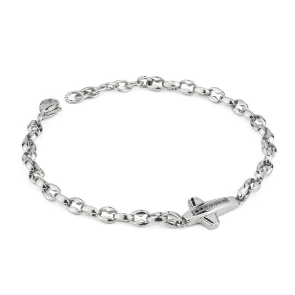 Bracciale Boccadamo uomo ABR767  con maglia grumetta e croce con zirconi neri incastonati